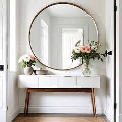 Contemporary hallway featuring a large round mirror, white console, and a vase of fresh flowers, highlighting elegant interior design.