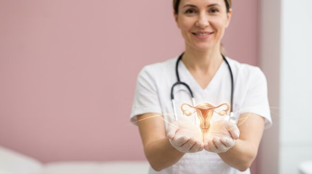 Woman's Health Specialist Presenting Uterus vagina Anatomy, fertility screening, cervix, ovarian cancer, menopause obstetrics concept