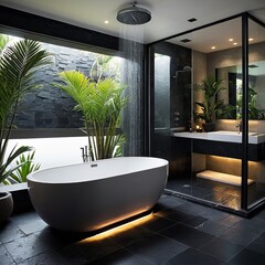 A luxurious modern bathroom featuring a freestanding tub, floor-to-ceiling window, and lush greenery, blending nature with contemporary design.