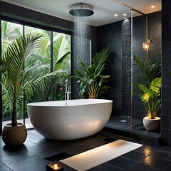 Elegant bathroom featuring a white freestanding bathtub, rainfall shower, and tropical plants beside large windows for a spa-like atmosphere.