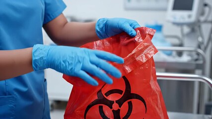 Healthcare worker in blue scrubs carefully disposes of blood-soaked gauze and medical waste into a biohazard disposal bag within a modern hospital setting