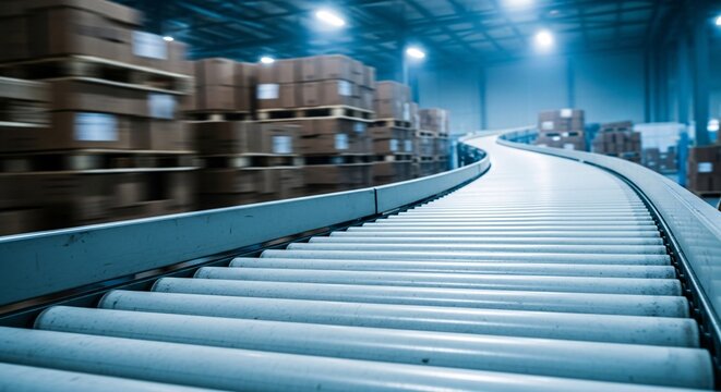 Modern warehouse interior with conveyor belts and stacked cardboard boxes for efficient logistics and inventory management in large distribution centers - Powered by Adobe