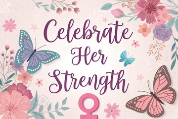 Celebrate her strength message displayed beautifully with purple script lettering surrounded by delicate pastel flowers and decorative butterflies on a soft background.