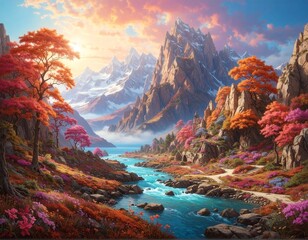 Vibrant Mountain Landscape with River and Trees.