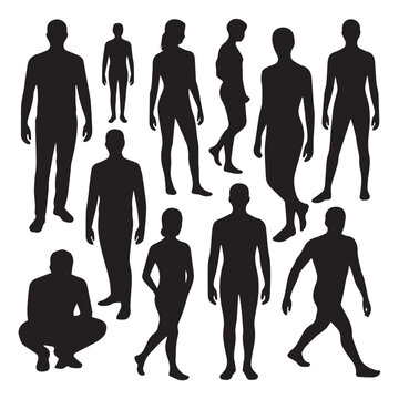 Set of realistic human silhouettes in various standing, walking, and crouching poses, black vector people icons on white background