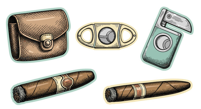 Vintage hand-drawn collection of cigar accessories, featuring various cutters, a sophisticated leather case, and two premium cigars on a white background.