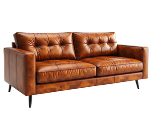 Luxurious brown leather sofa with tufted cushions and black legs
