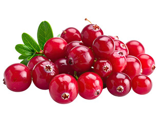 A cluster of ripe, glossy, red berries with green leaves