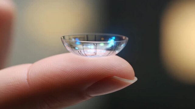 Smart contact lens in futuristic medical style, transparent neutral colors, wearable vision technology and digital eye care innovation with copy space