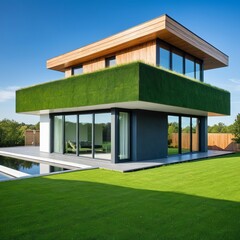Contemporary house featuring a green roof and large glass windows, showcasing sustainable architecture and modern design aesthetics.