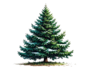 A tall evergreen tree, with some snow, against a stark black background