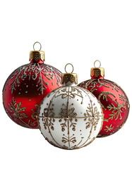 Three festive ornaments, decorated, with golden snowflake patterns