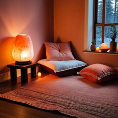 A serene meditation space with a salt lamp, cushions, and soft lighting. Ideal for relaxation and mindfulness practices.