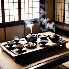 A serene Japanese tea ceremony setup with steaming teapots, cups, and sweets on a tatami mat table.