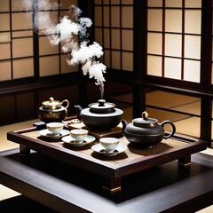 Elegant Japanese tea set on a wooden tray with steaming teapot in a tea room setting.