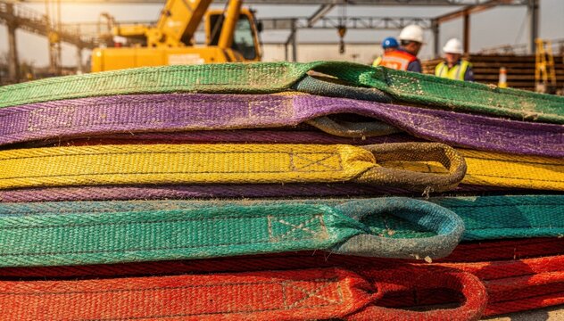 Medium shot of vibrant colorcoded industrial lifting sling webbing highlighting heavyduty strength for safe rigging operations in construction sites.