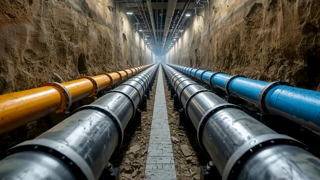 Underground tunnel with parallel metal pipelines extending into the distance under artificial lighting