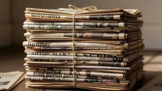 Stack of old newspapers tied with string in warm vintage style representing journalism and printed media history with copy space