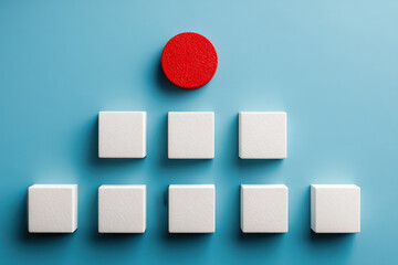 Minimal decision tree diagram with white ceramic tiles and red node on blue