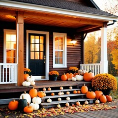 Charming front porch decorated for fall with pumpkins, chrysanthemums, and autumn leaves.