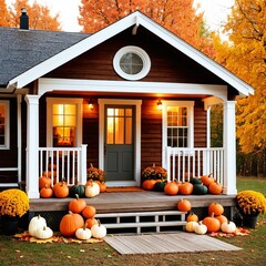 Charming autumn-themed cottage porch with pumpkins and fall foliage, creating a warm and cozy atmosphere.