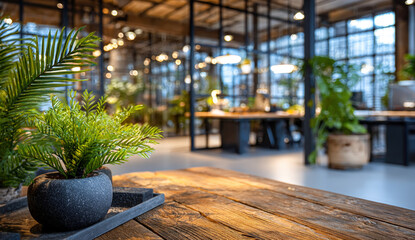 Bright modern office with glass walls and meeting table, blurred plants foreground