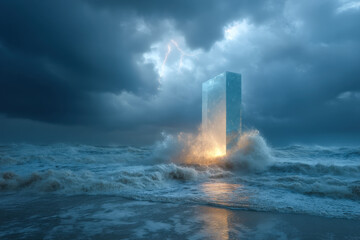 Giant transparent bar chart emerging from stormy ocean waves with lightning strike