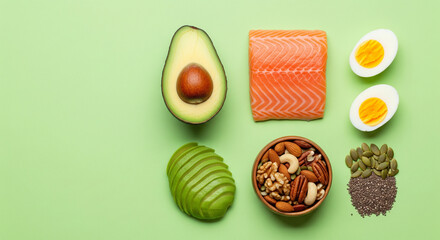 Clean Keto Flat Lay Keto diet concept flat lay, fresh salmon fillet, sliced avocado, boiled eggs