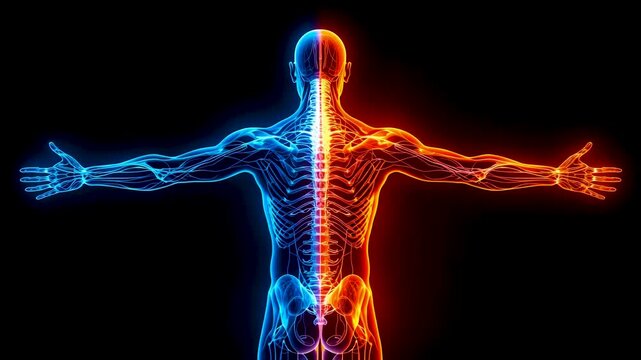 Glowing human figure with visible spine and nerves highlighted in red and blue on black background