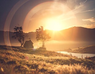 Serene countryside landscape with sunrise over a small cottage and trees.
