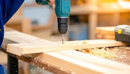 A person in blue overalls uses a power drill to create a hole in a piece of light-colored wood, sawdust present