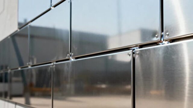 Closeup medium shot showcasing the installation of stainless steel cladding panels highlighting reflective surface and craftsmanship.