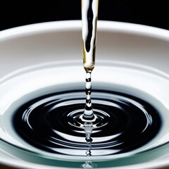 Close-up of an oil drop creating ripples as it falls into a water-filled bowl.
