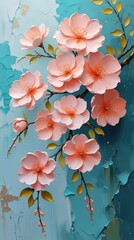 Impasto oil painting: blush-pink flowers, 3D petals, palette-knife. Turquoise, cracked plaster. Warm light, coral blossoms. Elegant, romantic, serene. Impressionistic floral. Wallart, phone case.
