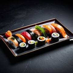 A beautifully arranged assortment of sushi, including nigiri and rolls, displayed on a sleek black rectangular platter, garnished with edible flowers and greenery.