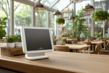 Cafe checkout POS terminal with empty white display on clean counter, modern retail
