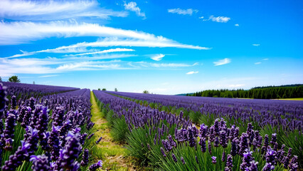 Fototapeta premium Blühendes Lavendelfeld unter blauem Sommerhimmel