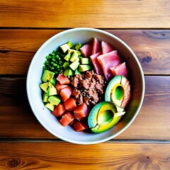 A colorful pok&Atilde;&copy; bowl featuring fresh fish, avocado, edamame, and more, served on a wooden table.