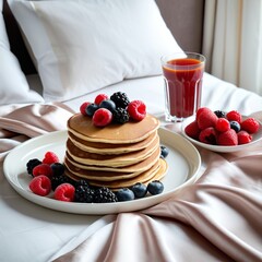 A cozy breakfast scene featuring a stack of pancakes topped with fresh berries, accompanied by a bowl of fruit and a glass of juice on a bed.