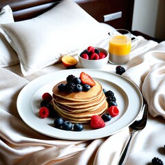 A cozy breakfast setting with fluffy pancakes topped with fresh berries, served in bed with a glass of orange juice.