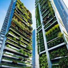 View of innovative green skyscrapers with vertical gardens, showcasing sustainable urban architecture and eco-friendly city living.
