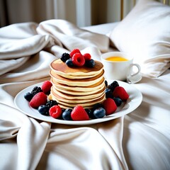 A stack of pancakes topped with fresh berries, served alongside a cup of orange juice on a cozy bed setting.
