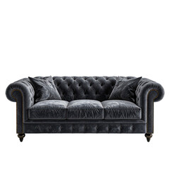 Elegant, tufted, velvet sofa with two pillows, against a black backdrop