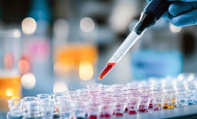 Laboratory worker conducts experiments with liquid samples and pipettes in a science lab