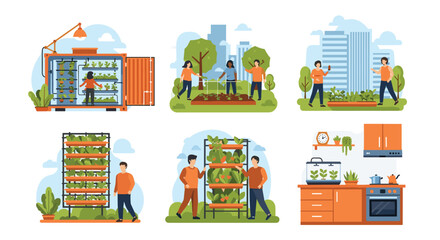 Fototapeta premium Collection of scenes showing people involved in urban farming, including vertical gardens, community plots, and container gardening.