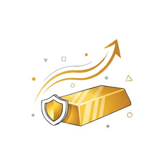 Cartoon illustration of a gold bar with a shield and an upward arrow, surrounded by geometric shapes on a white background.