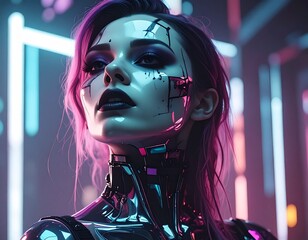 Futuristic female cyborg portrait with neon lights.