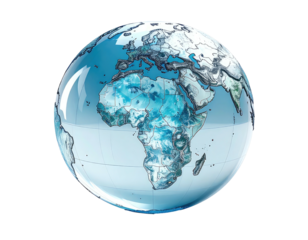 Transparent globe showing continents and oceans, reflecting light, on black background