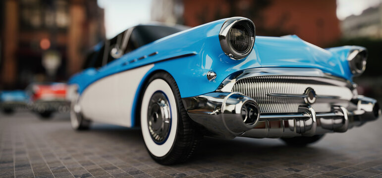 Classic Light Blue Vintage Car on Urban Street
