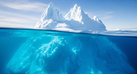Majestic iceberg floating in the Arctic ocean with clear blue water and bright sky above for marine exploration and polar adventure themes